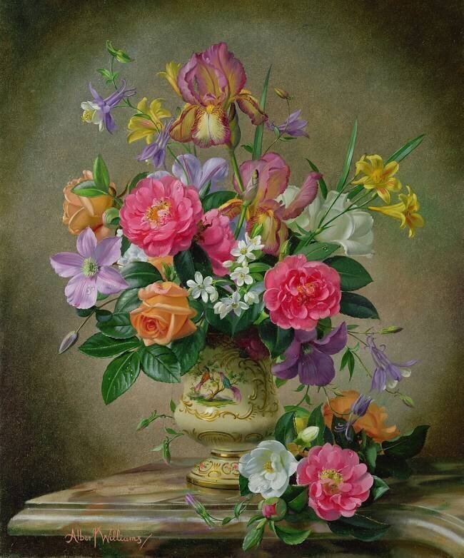 Pivoines et iris dans un vase en céramique Albert Williams