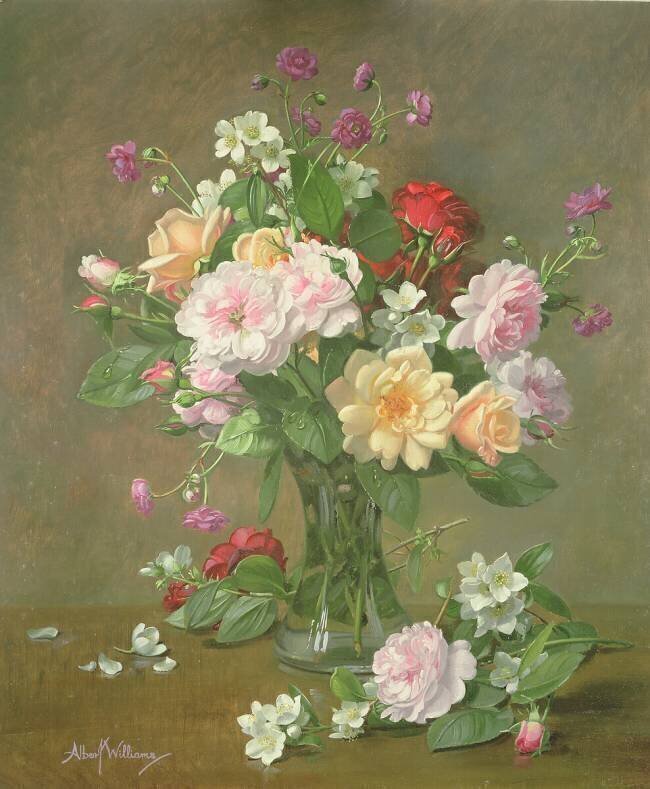 Roses et Gardenias dans un vase en verre Albert Williams