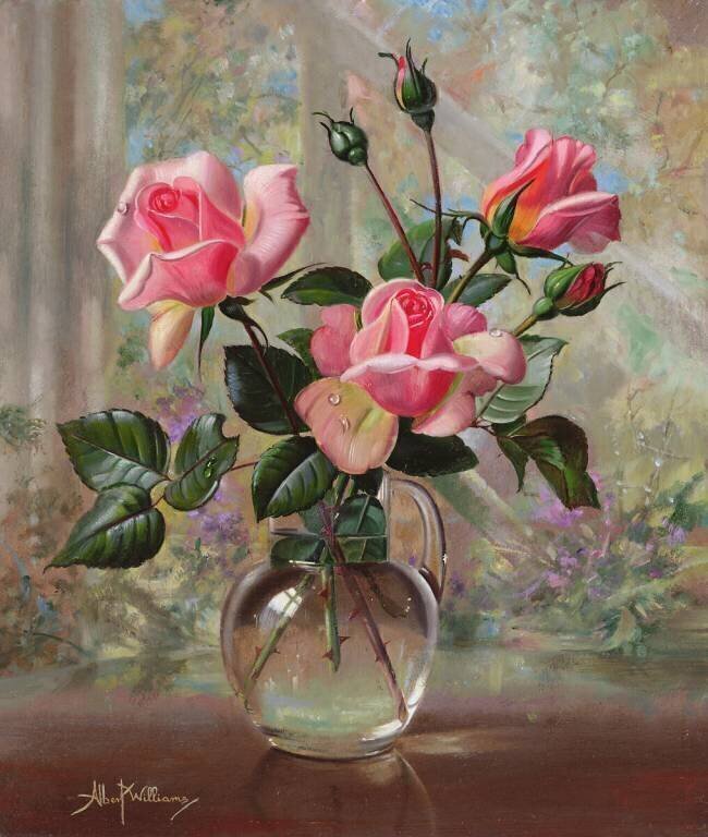 Roses Madame Butterfly dans un vase en verre Albert Williams