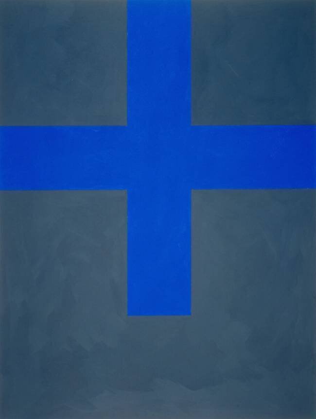 Signe plus / bleu sur gris Aurélie Nemours
