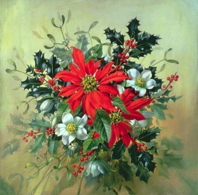 Une composition de Noël avec du houx, du gui et d'autres fleurs d'hiver. Albert Williams