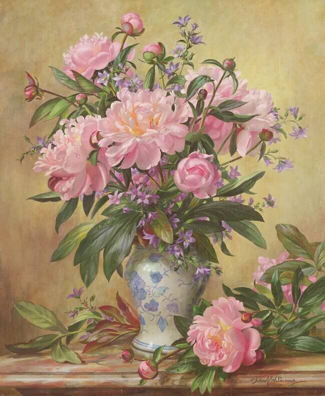 Vase de pivoines et de cloches de Canterbury Albert Williams