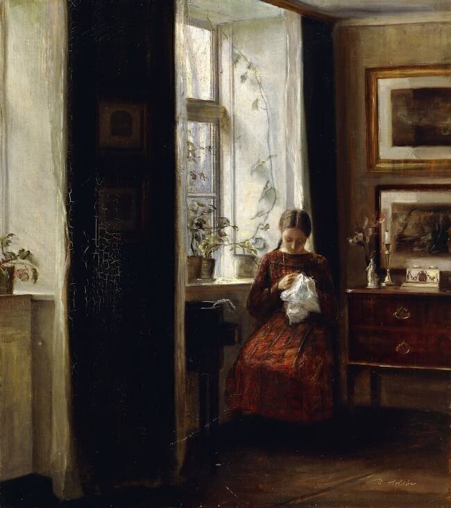Une jeune fille qui coud Carl Holsoe