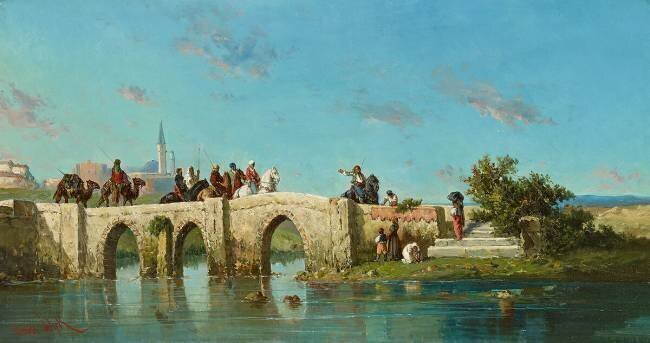 Arabes à cheval sur un pont de pierre Henri van Wyk