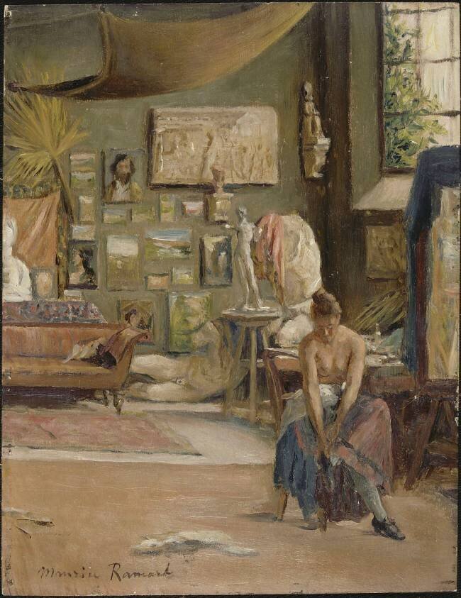 Atelier du peintre à Rome, avec un modèle féminin au premier plan Maurice Ramart