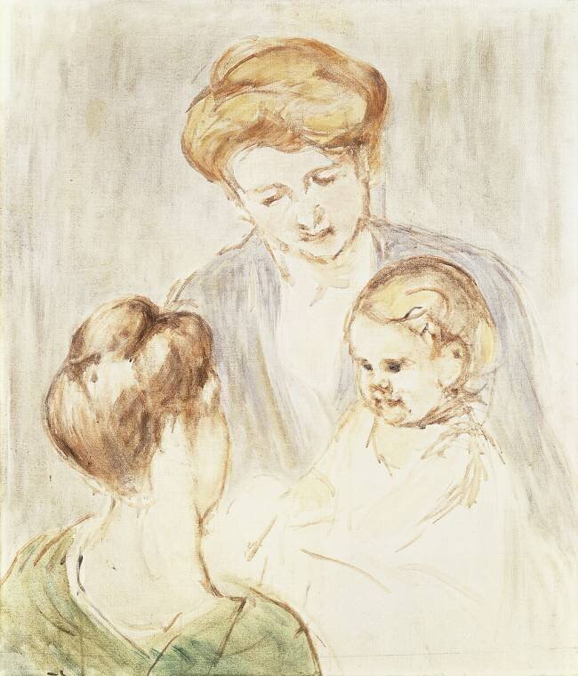 Bébé souriant avec deux filles Mary Cassatt