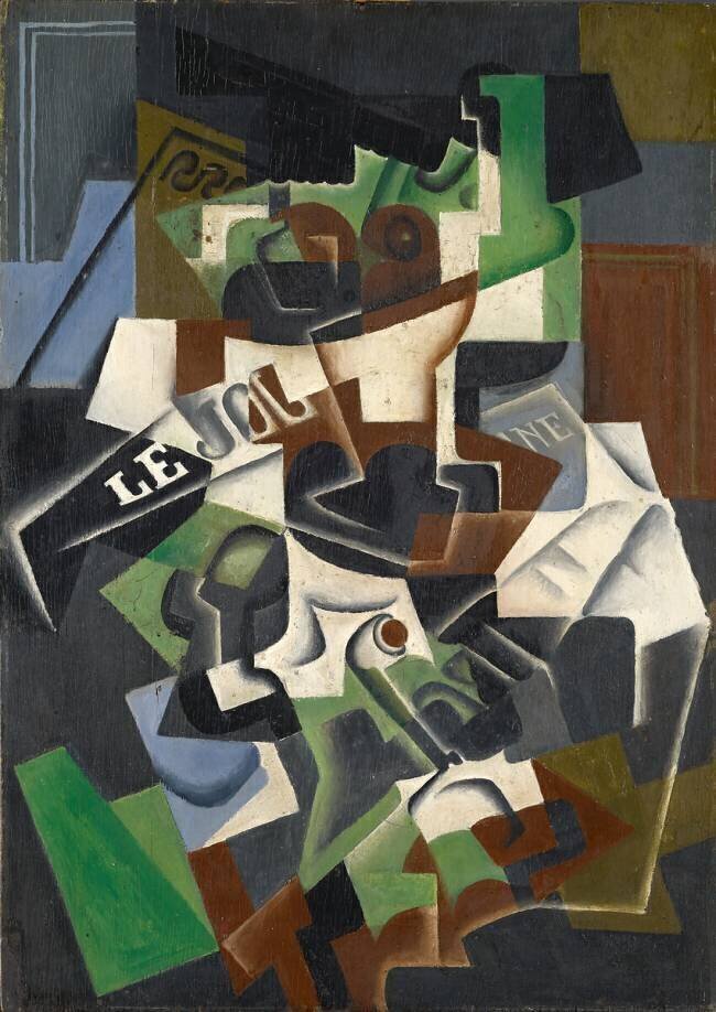 Bol à fruits, tuyau et papier journal Juan Gris