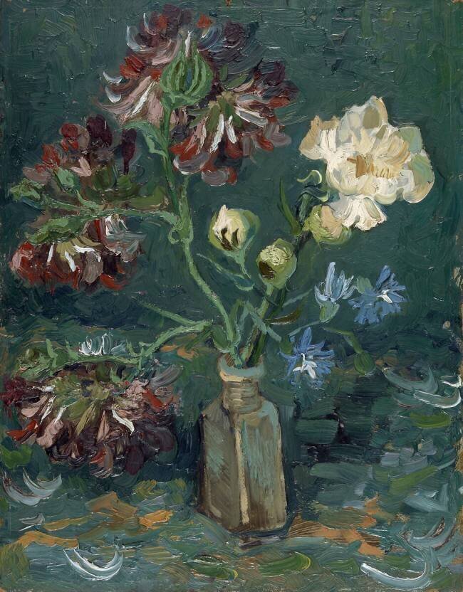 Bouteille avec pivoines et delphiniums bleus Vincent van Gogh