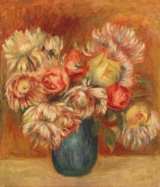 Chrysanthèmes dans un vase vert Auguste Renoir