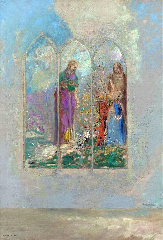 Dévotion devant un buisson rouge Odilon Redon
