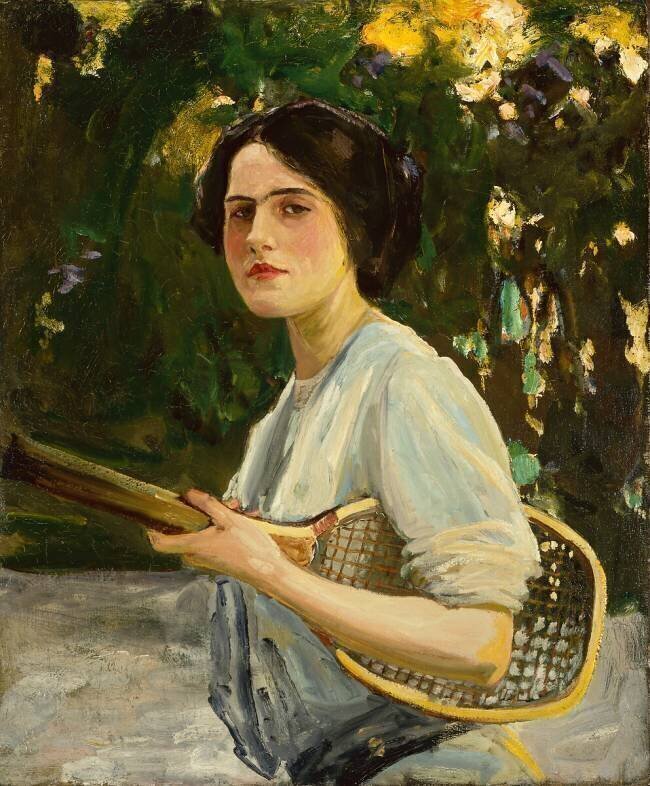 Eileen Lavery Holding a Tennis Racket John Lavery