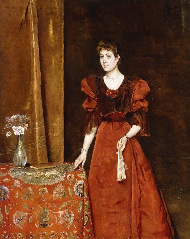 Elegant Lady Holding a Fan Alfred Stevens