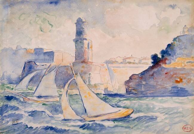 Entrée d'un port (Antibes) avec au premier plan deux voiliers et à l'arrière plan un phare Henri-Edmond Cross