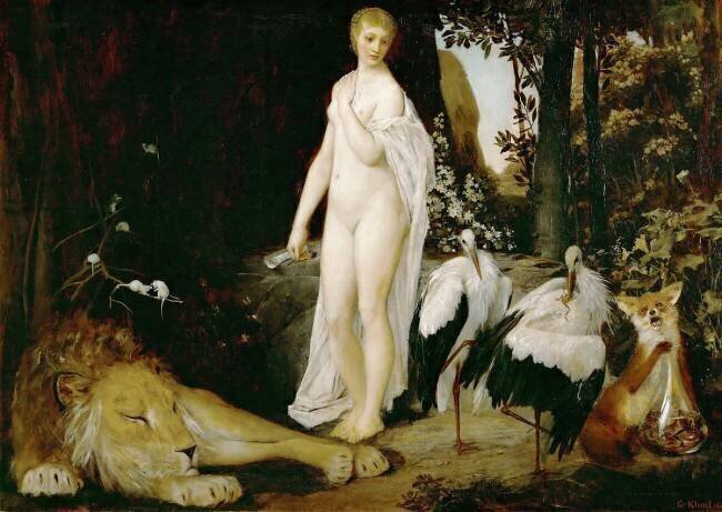 "Fable" Jeune femme denudée entourée d'un lion, souris, cigognes, renard et de grenouilles dans un bocal Gustav Klimt
