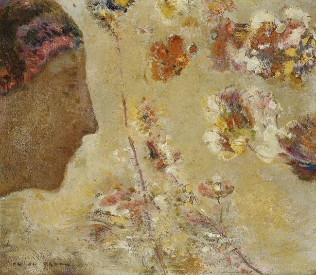 Femme de profil avec papillon et fleurs Odilon Redon