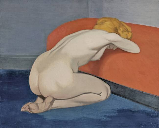 Femme nue agenouillée devant un canapé rouge Félix Vallotton