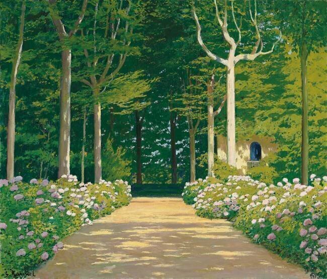 Hortensias sur un chemin de jardin Santiago Rusiñol