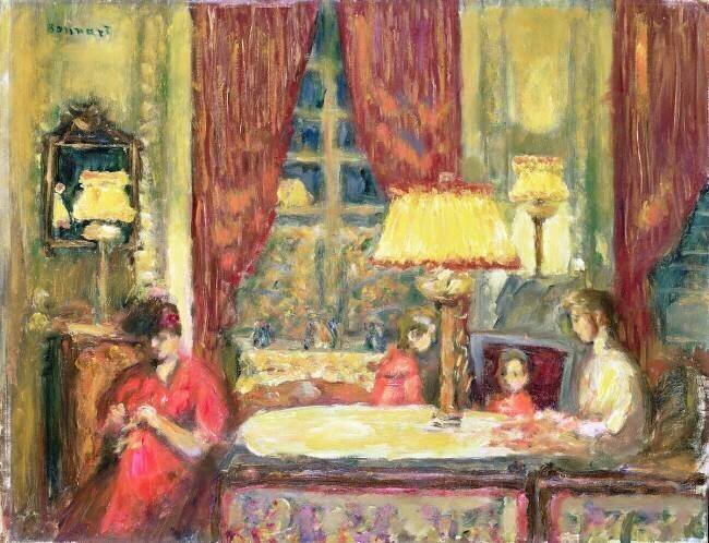 Intérieur éclairé par une lampe avec des figures Pierre Bonnard