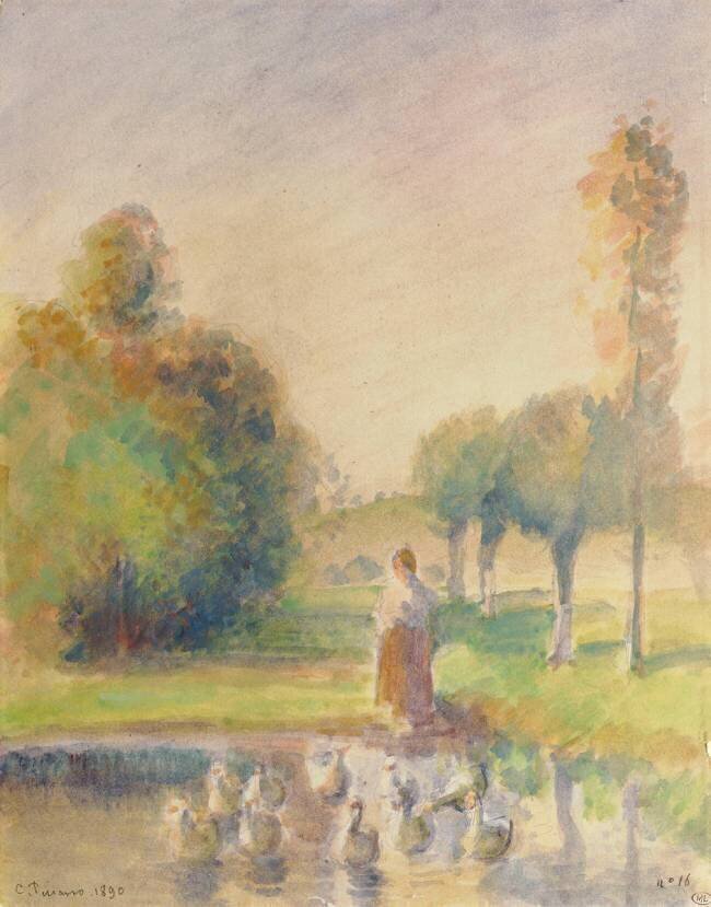 Jeune femme, dans une prairie, au bord d'une mare Camille Pissarro
