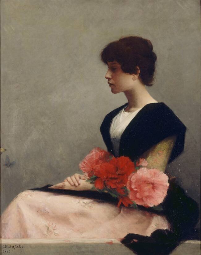 Jeune fille assise tenant des fleurs dans les bras  Alfred Agache