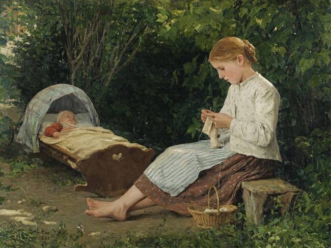 Knitting Girl Watching The Toddler In A Craddle Albert Anker