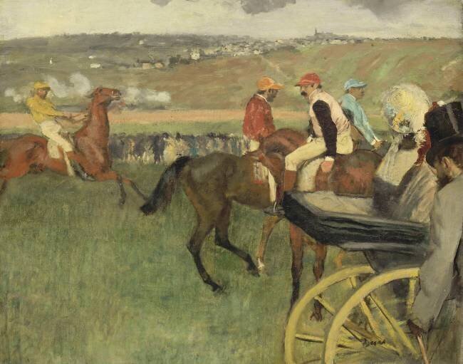 Le champ de courses. Jockeys amateurs près d'une voiture Edgar Degas
