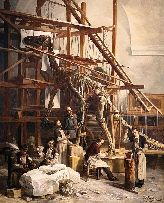 Le Montage du Premier Iguanodon de Bernissart dans la Chapelle St Georges à Bruxelles en 1882. Léon Becker