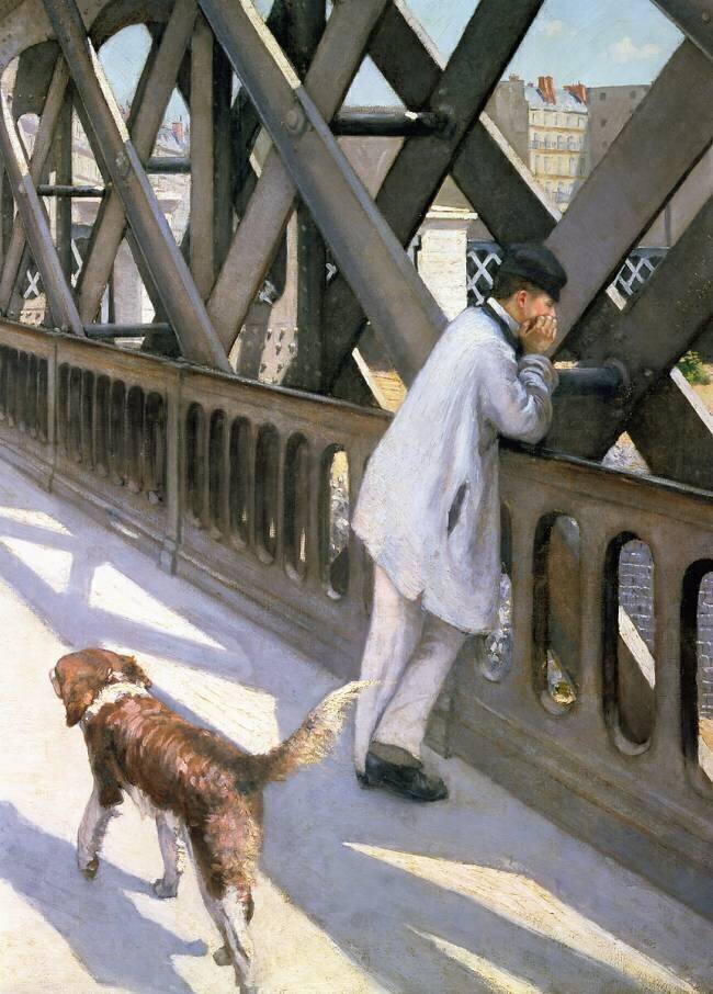 Le Pont de L'Europe : détail d'un homme et d'un chien au repos Gustave Caillebotte