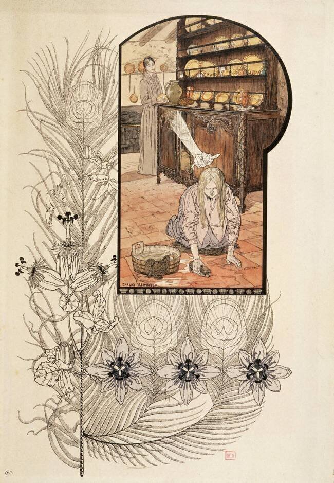 Le rêve : fillette lavant le sol d'une cuisine Carlos Schwabe