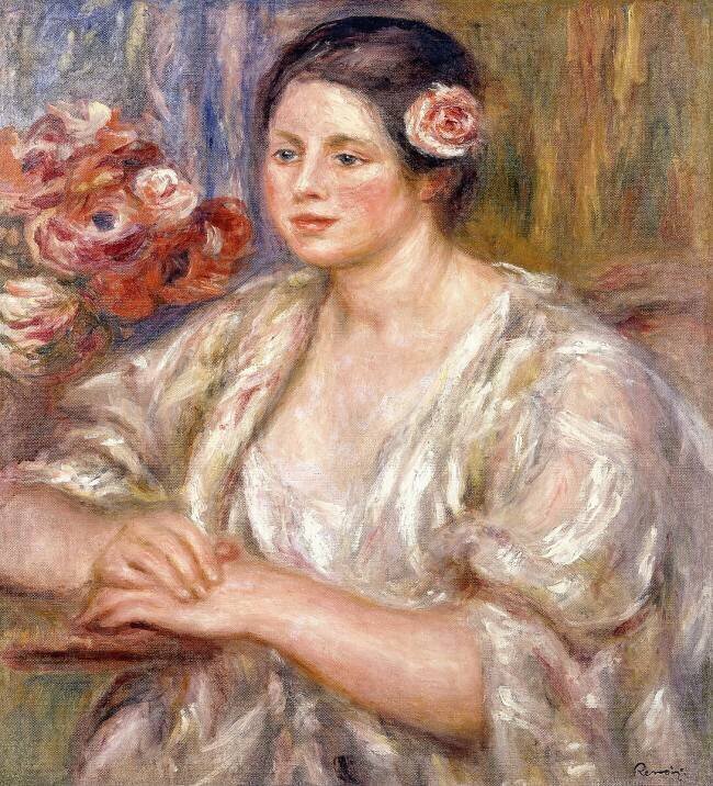 Madeleine en blouse blanche et bouquet de fleurs Auguste Renoir