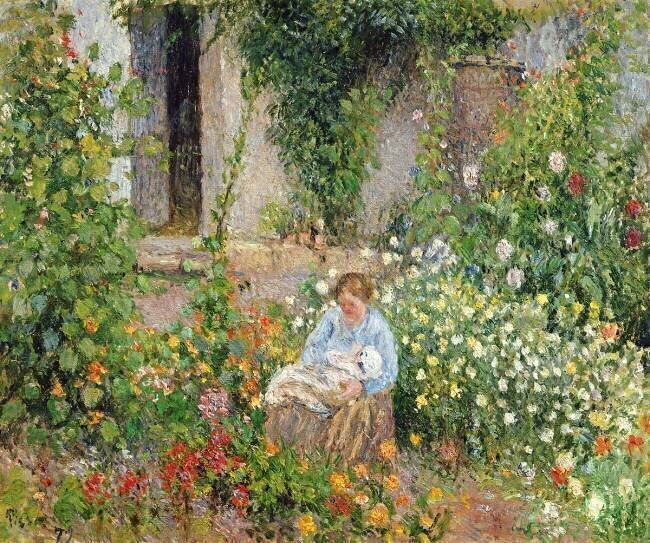 Mère et enfant dans les fleurs Camille Pissarro
