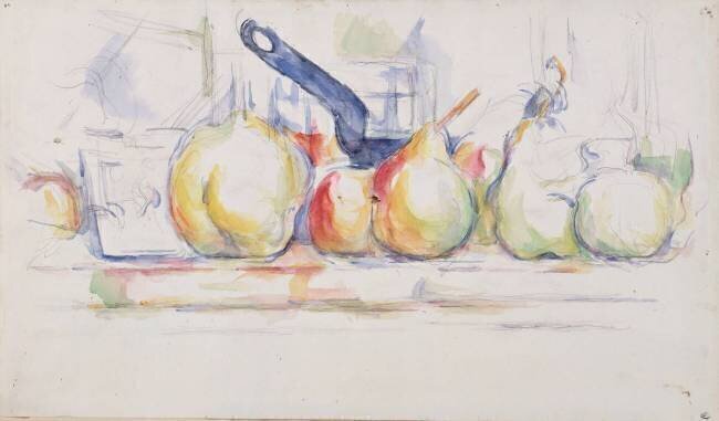 Nature morte ; pommes, poires et casserole Paul Cézanne
