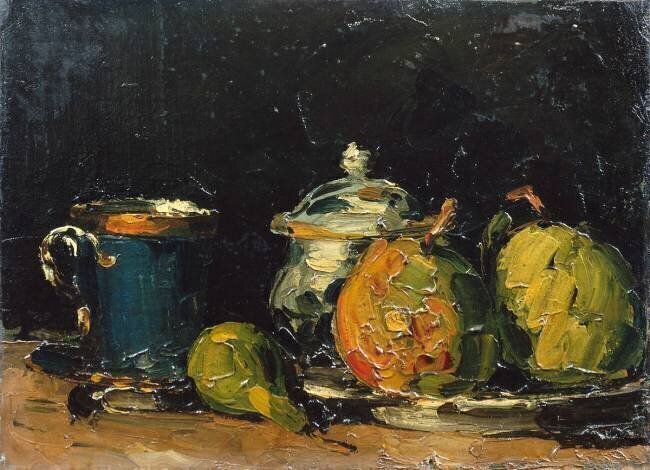 Nature morte : sucrier, poires et tasse bleue Paul Cézanne