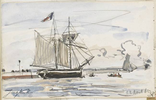 Navire à voiles près du rivage et barques Johan Barthold Jongkind