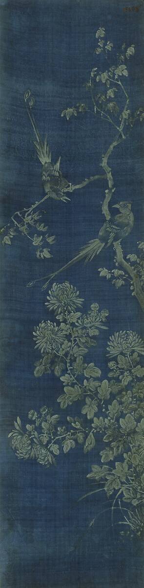 Paravent à dix panneaux (hwajodo "Décor de Fleurs et Oiseaux sur fonds bleu") anonyme