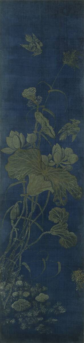 Paravent à dix panneaux (hwajodo "Décor de Fleurs et Oiseaux sur fonds bleu") anonyme