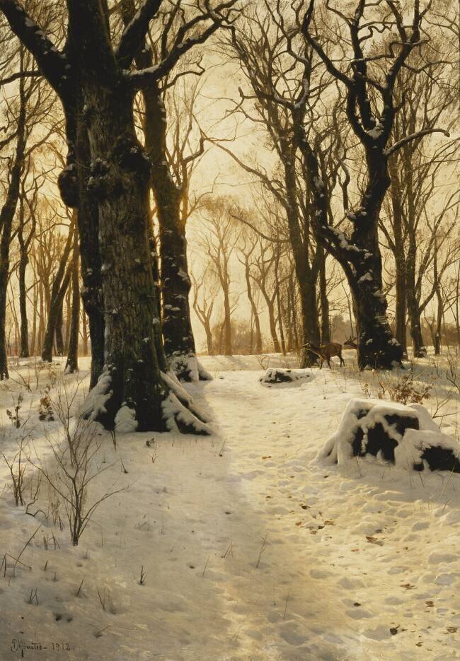 Paysage d'hiver boisé avec des cerfs Peter Mork Monsted