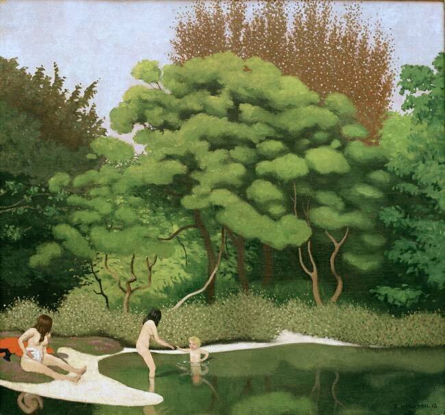 Paysage ensoleillé de sous-bois avec deux femmes et un enfant Félix Vallotton