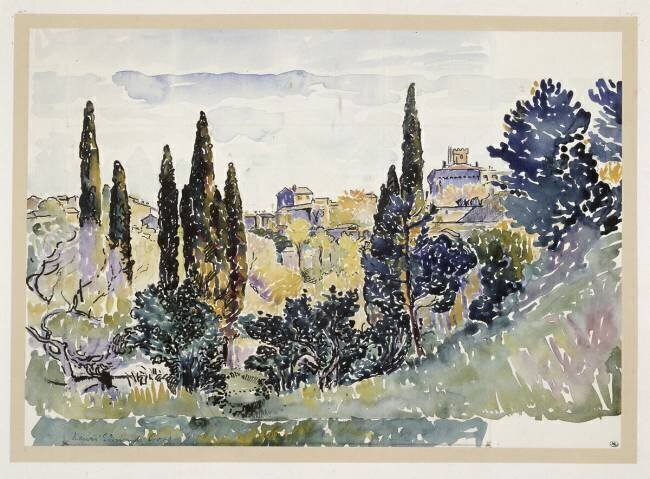 Paysage italien avec des cyprès des maisons sur une hauteur et un palais Henri-Edmond Cross