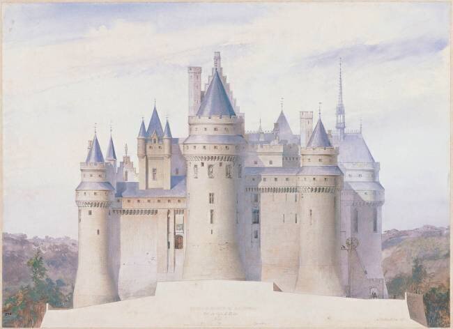 Pierrefonds, château, élévation extérieure sur la ligne C.D. du fossé Eugène Viollet-Le-Duc