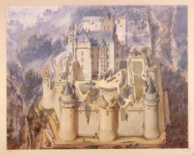 Pierrefonds, château, vue cavalière du château en partie restauré Eugène Viollet-Le-Duc