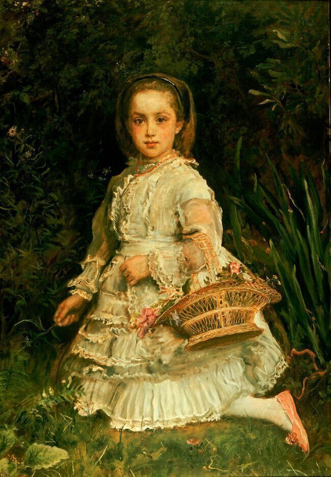 Portrait de Gracia, toute en longueur, portant une Robe Blanche, cueillant des Fleurs Sauvages John Everett Millais