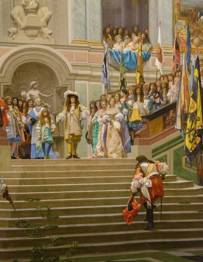 Réception de Louis 2 de Bourbon dit le Grand Condé par le roi Louis 14 à Versailles en 1674 Jean-Léon Gérôme