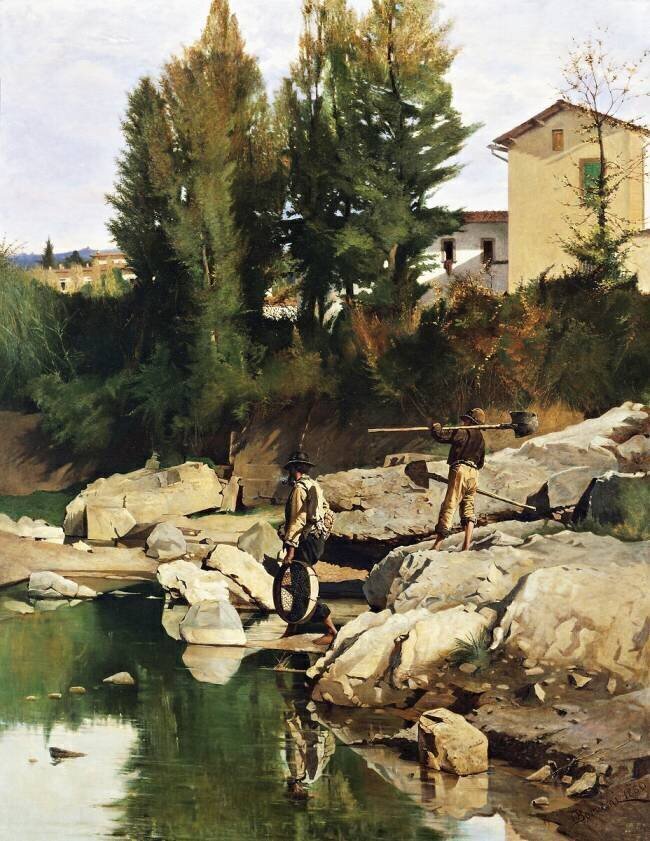 Renaioli sur les rives de la rivière Mugnone Odoardo Borrani