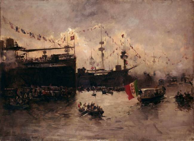 Le Roi Humbert Ier d'Italie passant en revue l'escadre française commandée par l'amiral Rieunier, en rade de Gênes, le 9 septembre 1892, à l'occasion des fêtes données en l'honneur de Christophe Colomb Pompeo Mariani