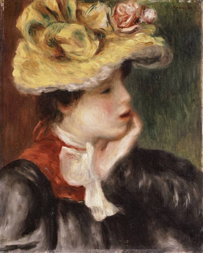 Tête d'une fille avec un chapeau jaune Auguste Renoir