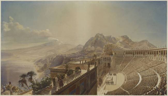 Théâtre antique,Taormine. Vue de l'édifice, projet de restauration Eugène Viollet-Le-Duc