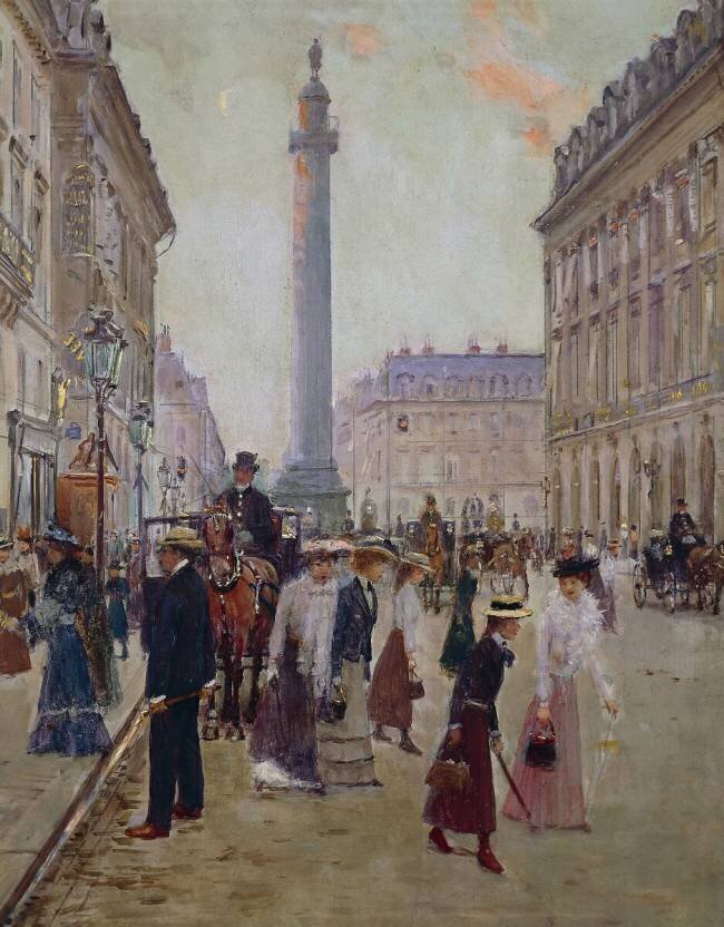 Ouvriers quittant la Maison Paquin, dans la rue de la Paix, avec la place Vendomen en arrière-plan. Jean Béraud