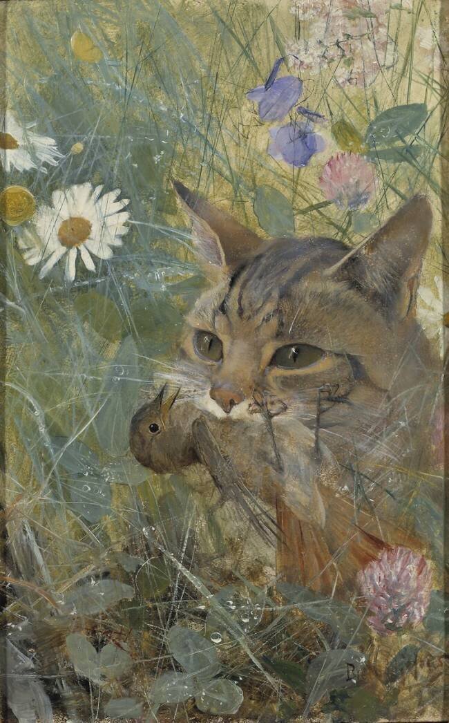 Un chat avec un oisillon Bruno Liljefors