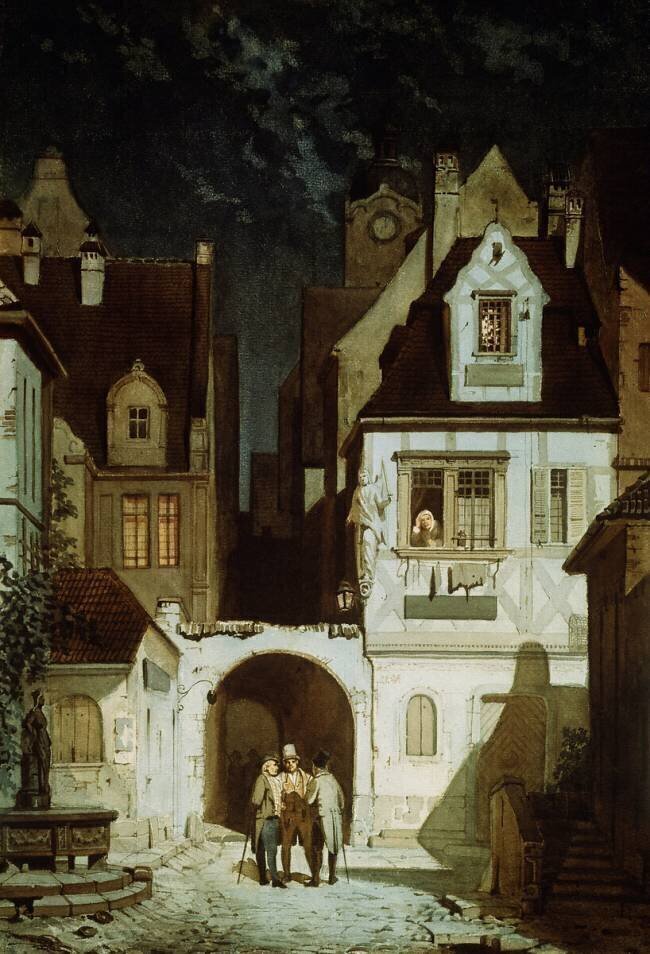 Un coin d'une ville allemande au clair de lune Carl Spitzweg